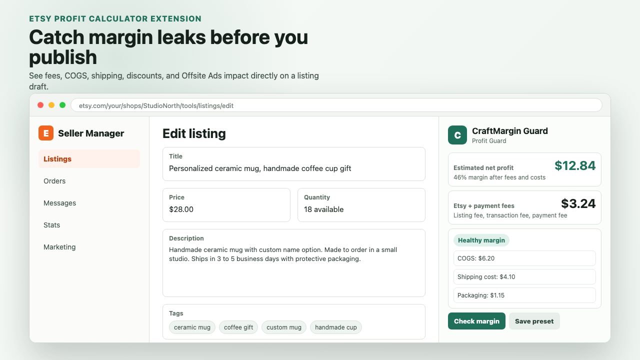 CraftMargin Guard listing profit calculator preview.
