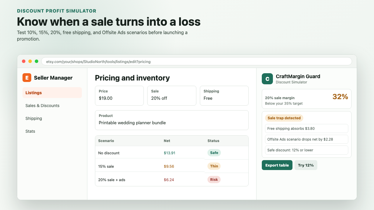 CraftMargin Guard discount simulator preview.