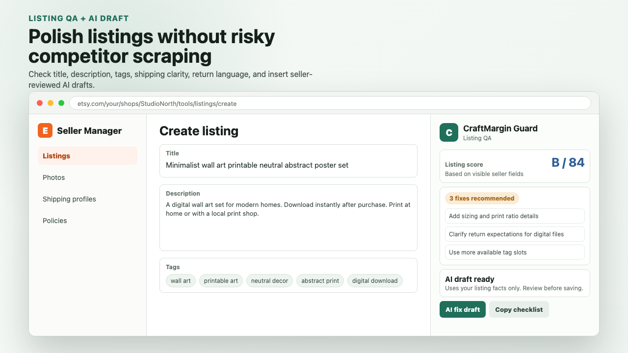 CraftMargin Guard listing quality preview.