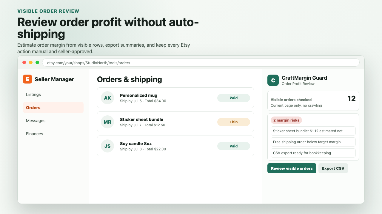 CraftMargin Guard order profit review preview.